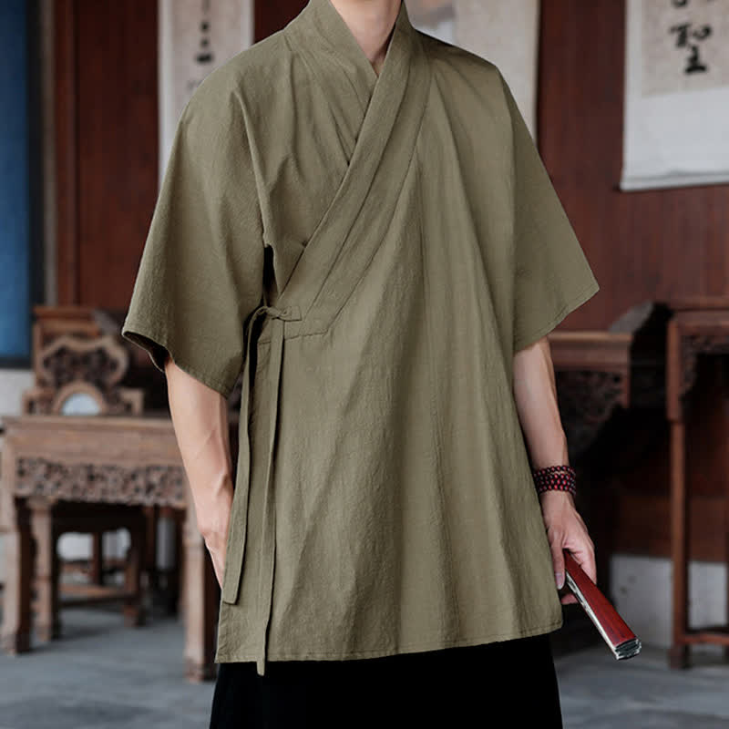 Nimara Ritual Summer Tang Style Minimalist Side Slit V-Neck Solid Men's Short Sleeve Shirts With Pocket