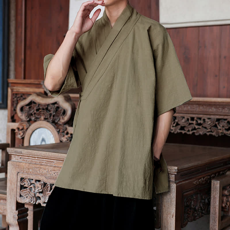 Nimara Ritual Summer Tang Style Minimalist Side Slit V-Neck Solid Men's Short Sleeve Shirts With Pocket
