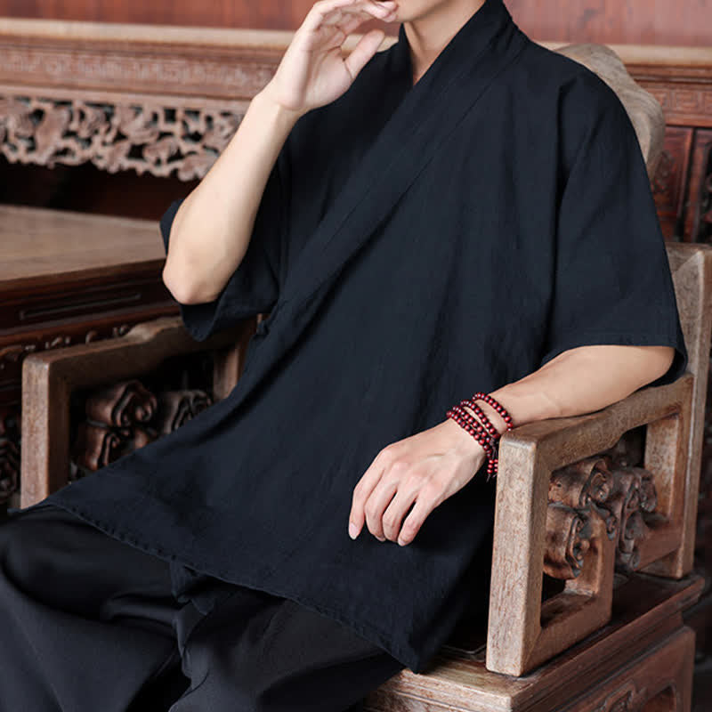 Nimara Ritual Summer Tang Style Minimalist Side Slit V-Neck Solid Men's Short Sleeve Shirts With Pocket