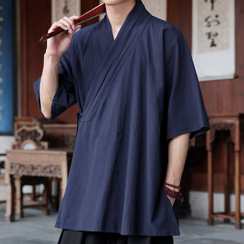 Nimara Ritual Summer Tang Style Minimalist Side Slit V-Neck Solid Men's Short Sleeve Shirts With Pocket