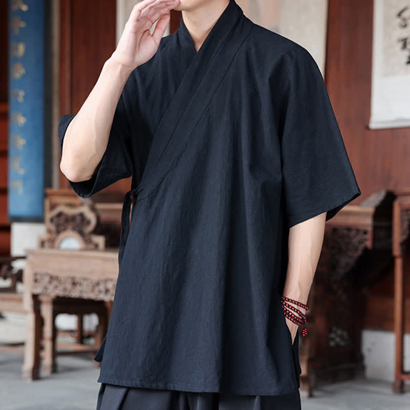Nimara Ritual Summer Tang Style Minimalist Side Slit V-Neck Solid Men's Short Sleeve Shirts With Pocket