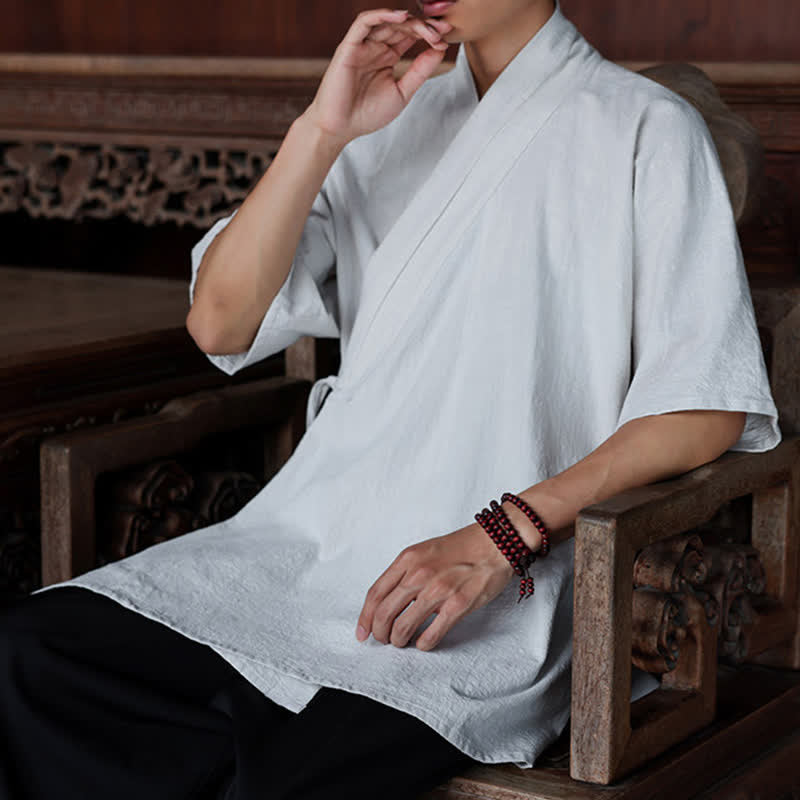 Nimara Ritual Summer Tang Style Minimalist Side Slit V-Neck Solid Men's Short Sleeve Shirts With Pocket