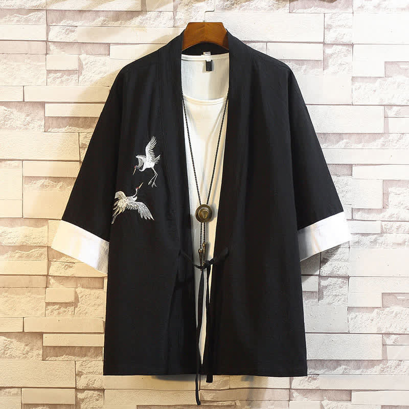 Nimara Ritual Spring Summer Casual Vintage Embroidery Crane Men's Elbow-Length Sleeve Kimono