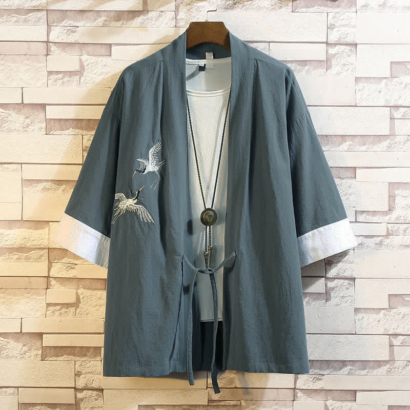 Nimara Ritual Spring Summer Casual Vintage Embroidery Crane Men's Elbow-Length Sleeve Kimono