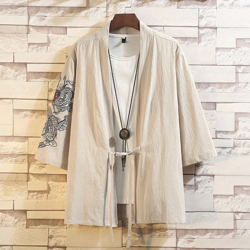 Nimara Ritual Spring Summer Casual Vintage Embroidery Crane Men's Elbow-Length Sleeve Kimono
