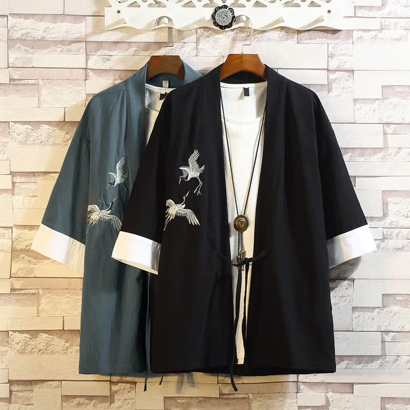 Nimara Ritual Spring Summer Casual Vintage Embroidery Crane Men's Elbow-Length Sleeve Kimono