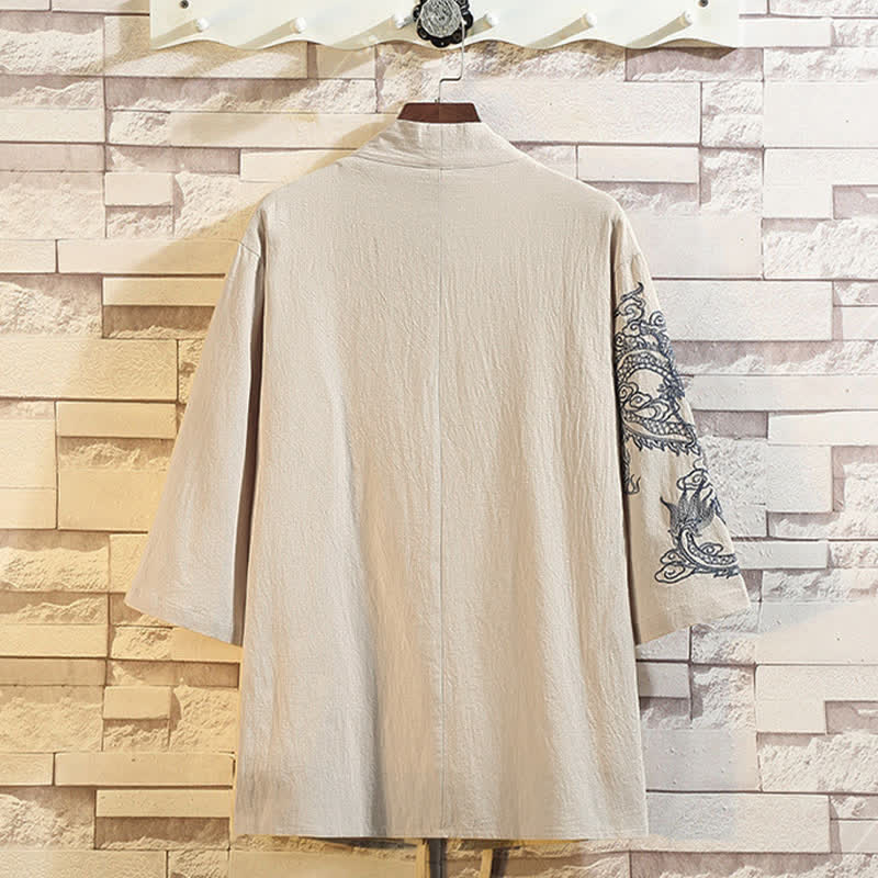 Nimara Ritual Spring Summer Casual Vintage Embroidery Crane Men's Elbow-Length Sleeve Kimono