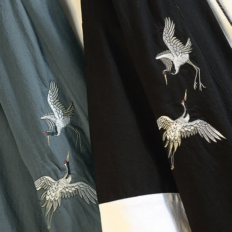 Nimara Ritual Spring Summer Casual Vintage Embroidery Crane Men's Elbow-Length Sleeve Kimono