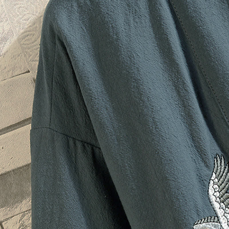 Nimara Ritual Spring Summer Casual Vintage Embroidery Crane Men's Elbow-Length Sleeve Kimono