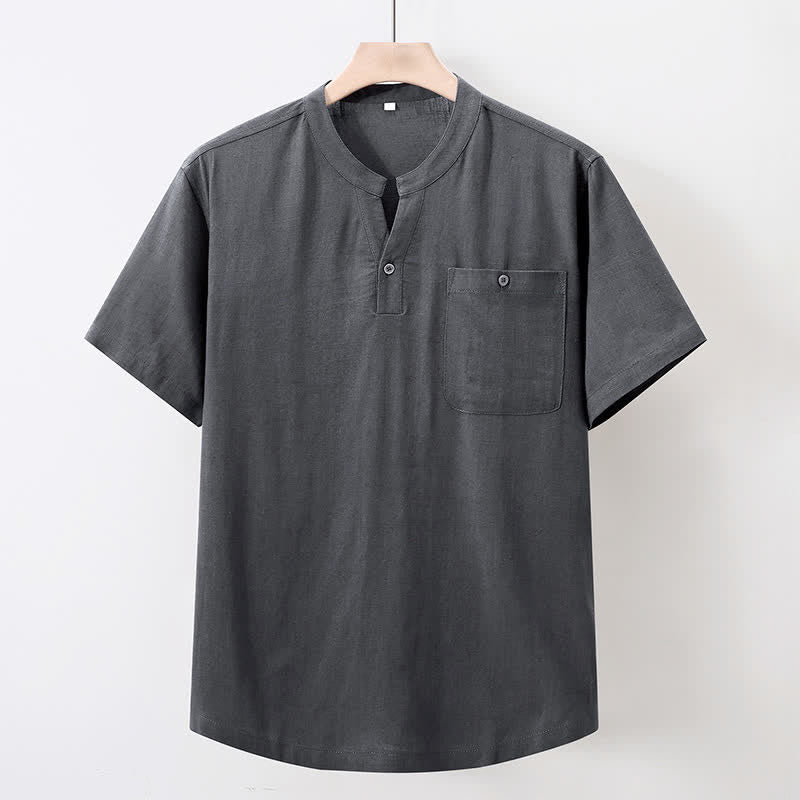 Nimara Ritual Summer Casual Tang Style Mandarin Collar Solid Cotton Linen Men's Short Sleeve Shirts With Pocket