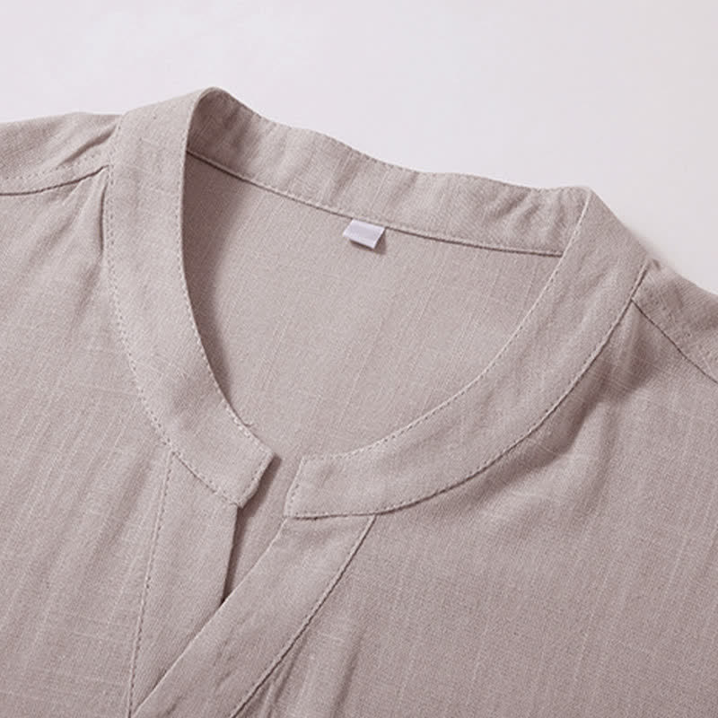 Nimara Ritual Summer Casual Tang Style Mandarin Collar Solid Cotton Linen Men's Short Sleeve Shirts With Pocket