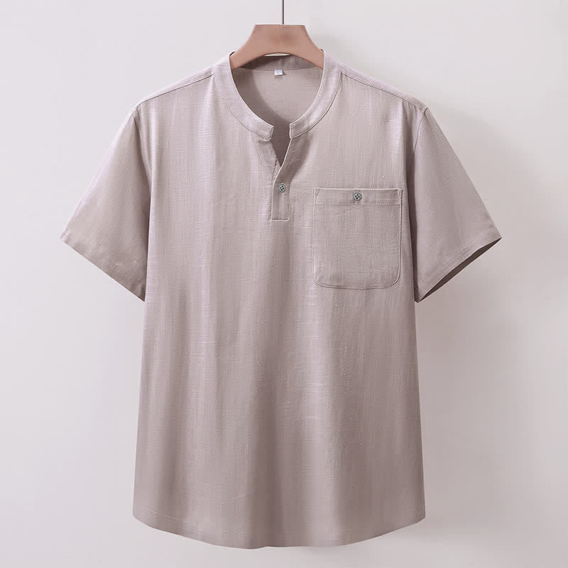 Nimara Ritual Summer Casual Tang Style Mandarin Collar Solid Cotton Linen Men's Short Sleeve Shirts With Pocket