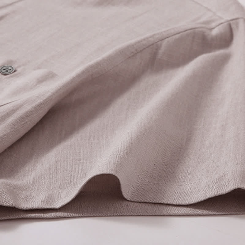 Nimara Ritual Summer Casual Tang Style Mandarin Collar Solid Cotton Linen Men's Short Sleeve Shirts With Pocket