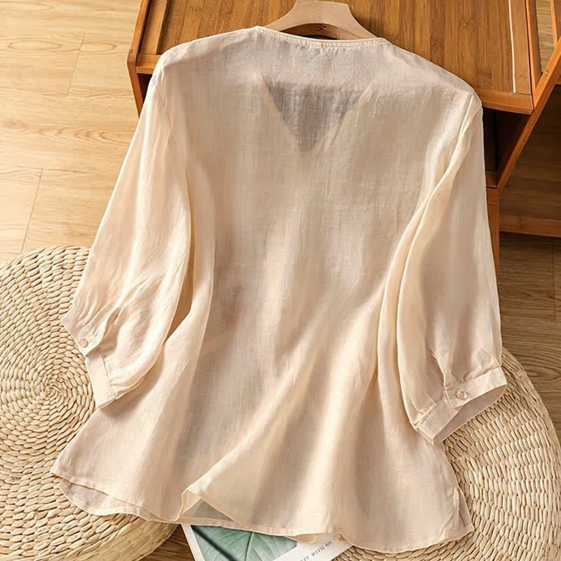 Nimara Ritual Summer Tang Style Vintage Embroidery Floral Women's Elbow-Length Sleeve Shirts
