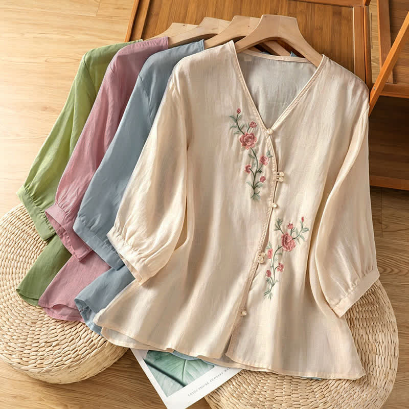 Nimara Ritual Summer Tang Style Vintage Embroidery Floral Women's Elbow-Length Sleeve Shirts