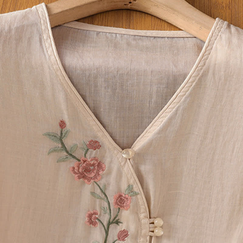 Nimara Ritual Summer Tang Style Vintage Embroidery Floral Women's Elbow-Length Sleeve Shirts