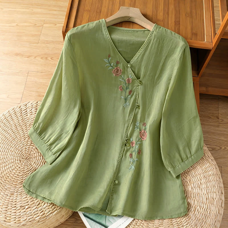 Nimara Ritual Summer Tang Style Vintage Embroidery Floral Women's Elbow-Length Sleeve Shirts