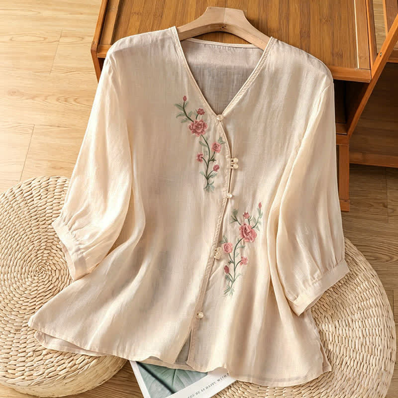 Nimara Ritual Summer Tang Style Vintage Embroidery Floral Women's Elbow-Length Sleeve Shirts