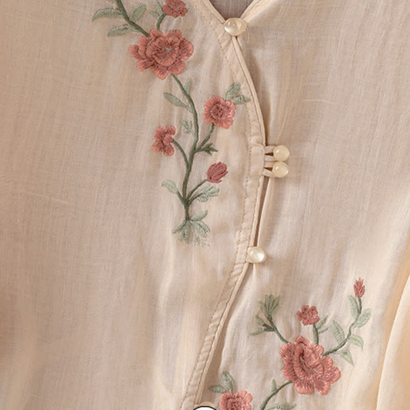 Nimara Ritual Summer Tang Style Vintage Embroidery Floral Women's Elbow-Length Sleeve Shirts