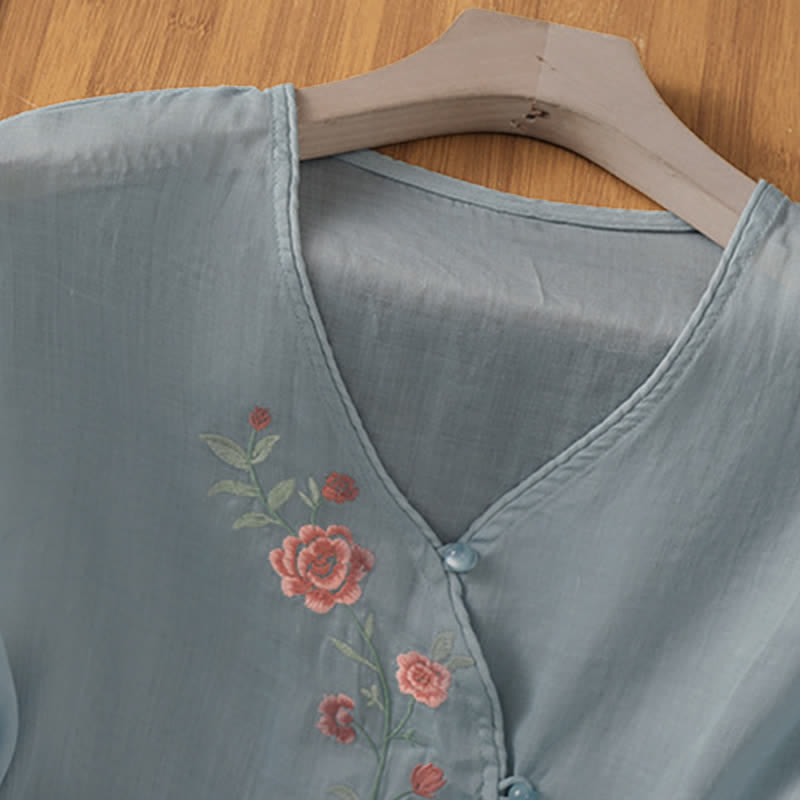 Nimara Ritual Summer Tang Style Vintage Embroidery Floral Women's Elbow-Length Sleeve Shirts