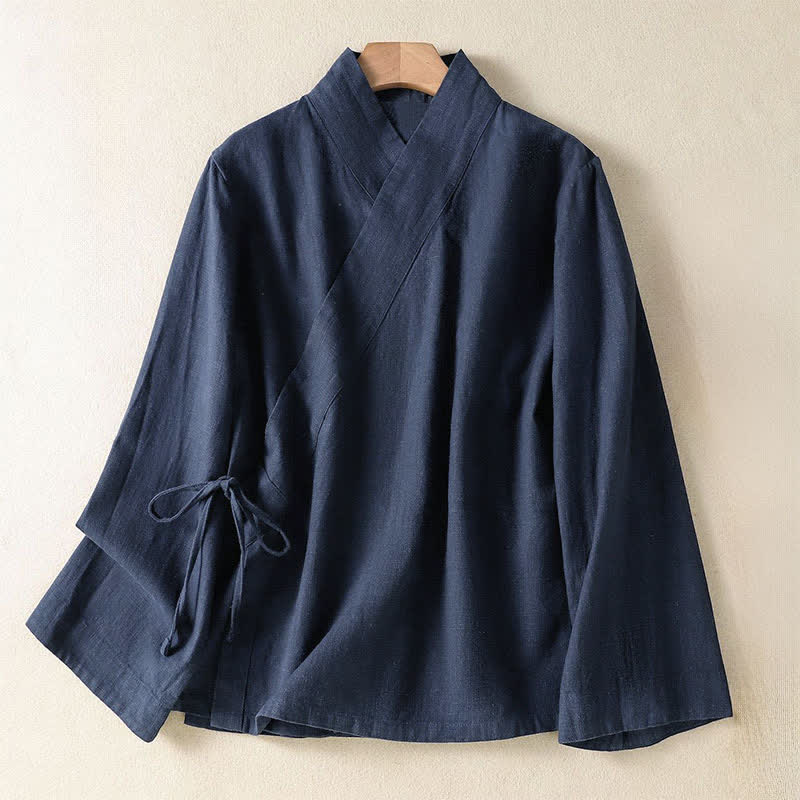 Nimara Ritual Spring Summer Casual Tang Style V-Neck Drawstring Solid Women's Long Sleeve Shirts