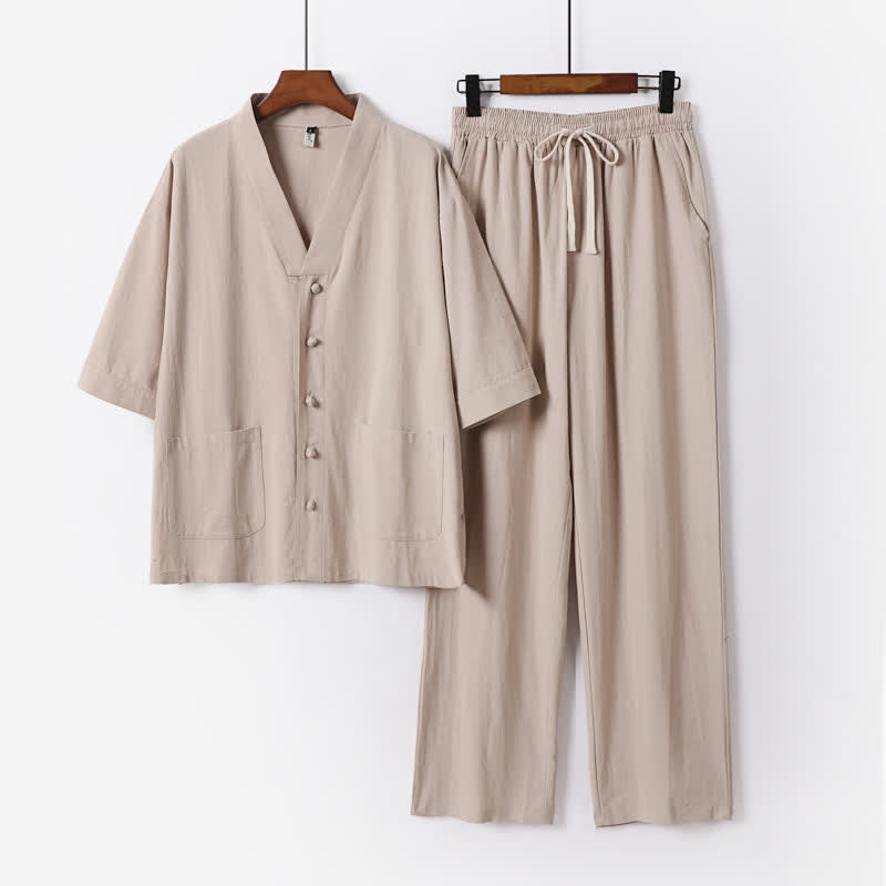 Nimara Ritual 2Pcs Summer Tang Style Mandarin Collar Drawstring Solid Short Sleeve Shirt Pants Men's Meditation Cloth With Pockets