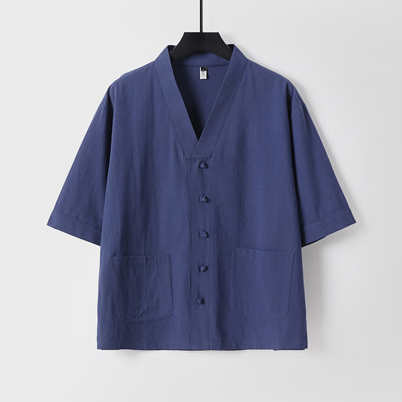 Nimara Ritual 2Pcs Summer Tang Style Mandarin Collar Drawstring Solid Short Sleeve Shirt Pants Men's Meditation Cloth With Pockets