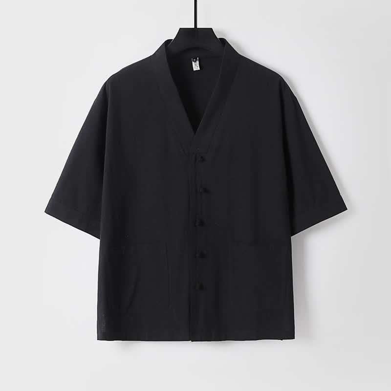 Nimara Ritual 2Pcs Summer Tang Style Mandarin Collar Drawstring Solid Short Sleeve Shirt Pants Men's Meditation Cloth With Pockets