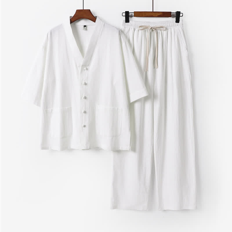 Nimara Ritual 2Pcs Summer Tang Style Mandarin Collar Drawstring Solid Short Sleeve Shirt Pants Men's Meditation Cloth With Pockets