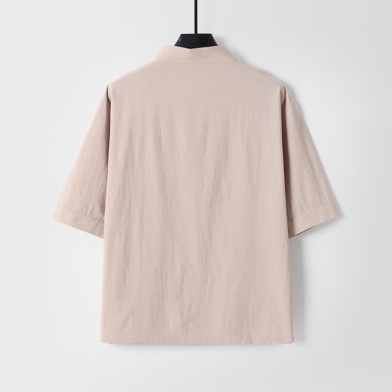 Nimara Ritual 2Pcs Summer Tang Style Mandarin Collar Drawstring Solid Short Sleeve Shirt Pants Men's Meditation Cloth With Pockets