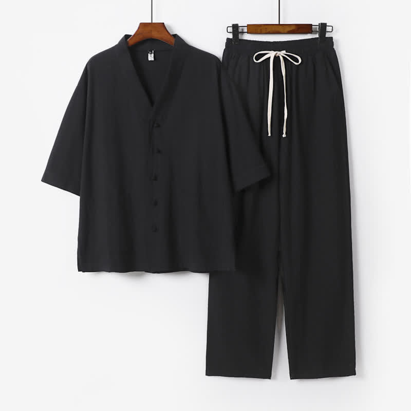Nimara Ritual 2Pcs Summer Tang Style Mandarin Collar Drawstring Solid Short Sleeve Shirt Pants Men's Meditation Cloth With Pockets
