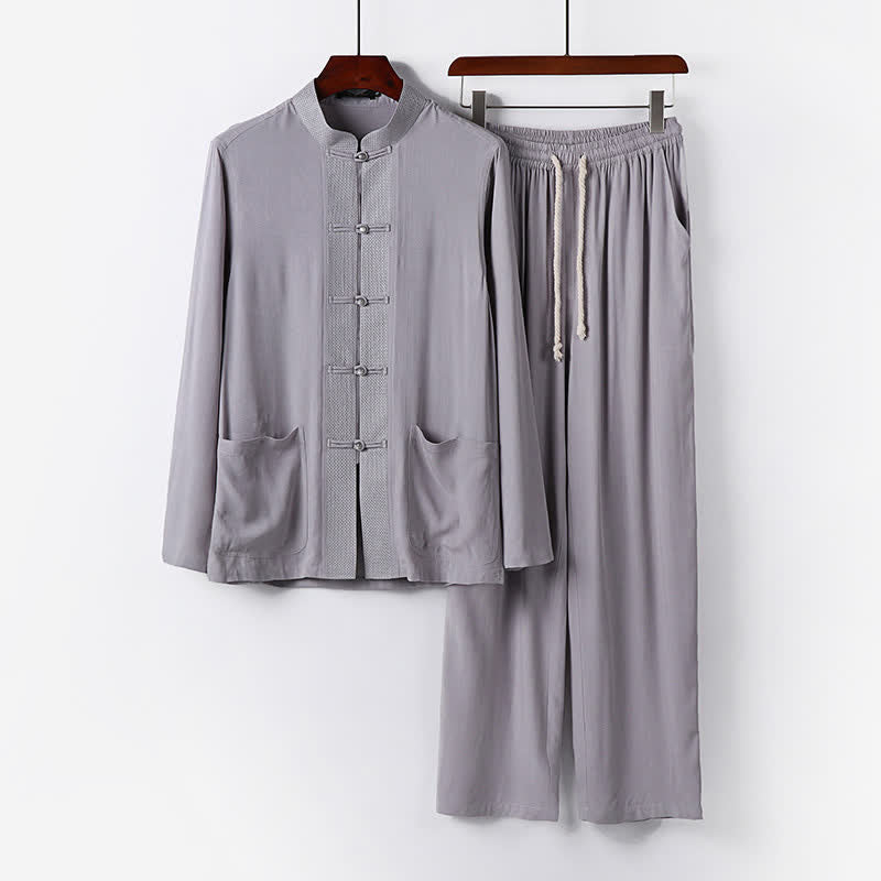 Nimara Ritual 2Pcs Spring Tang Style Mandarin Collar Frog Button Solid Long Sleeve Shirt Pants Men's Meditation Cloth With Pockets