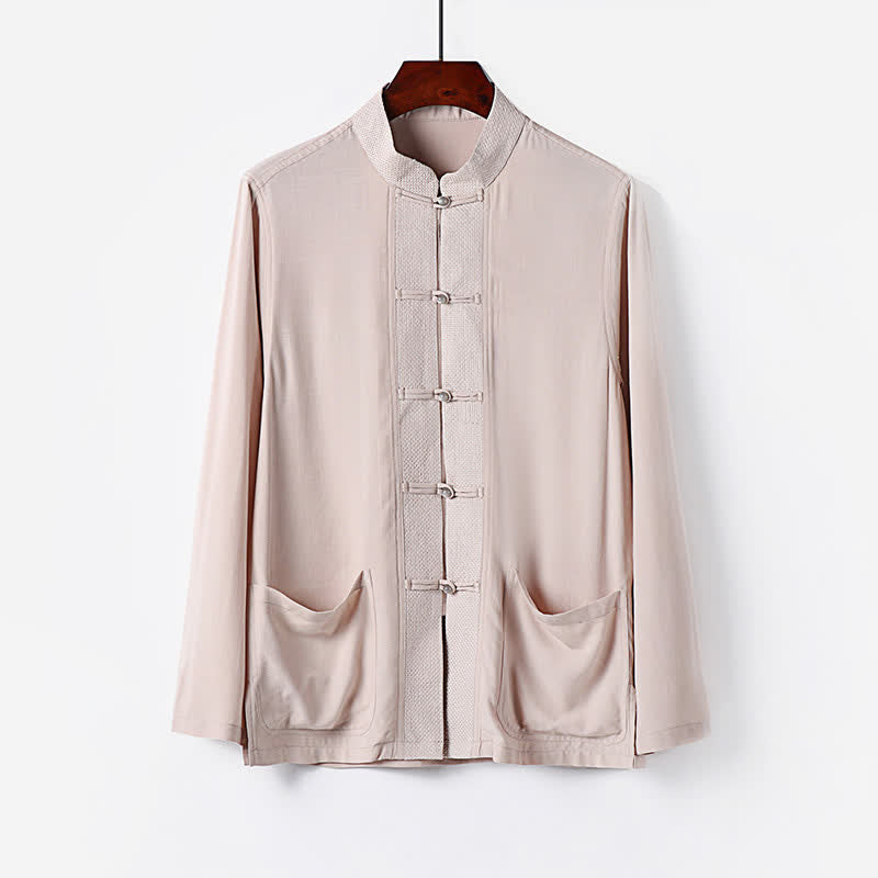 Nimara Ritual 2Pcs Spring Tang Style Mandarin Collar Frog Button Solid Long Sleeve Shirt Pants Men's Meditation Cloth With Pockets