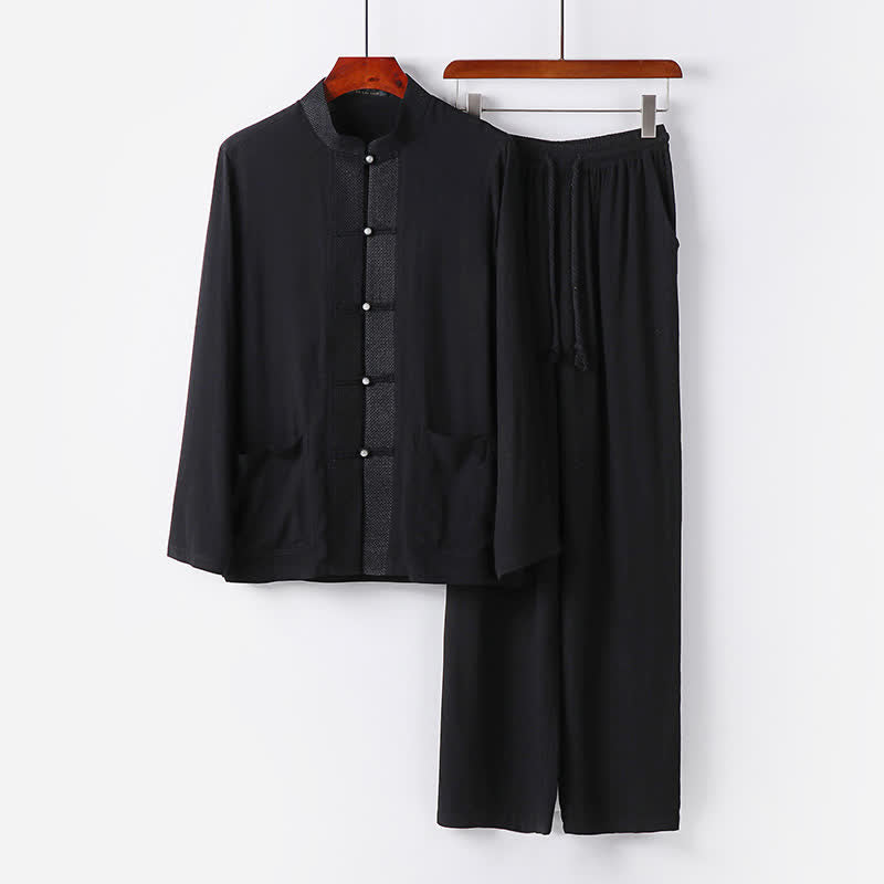 Nimara Ritual 2Pcs Spring Tang Style Mandarin Collar Frog Button Solid Long Sleeve Shirt Pants Men's Meditation Cloth With Pockets