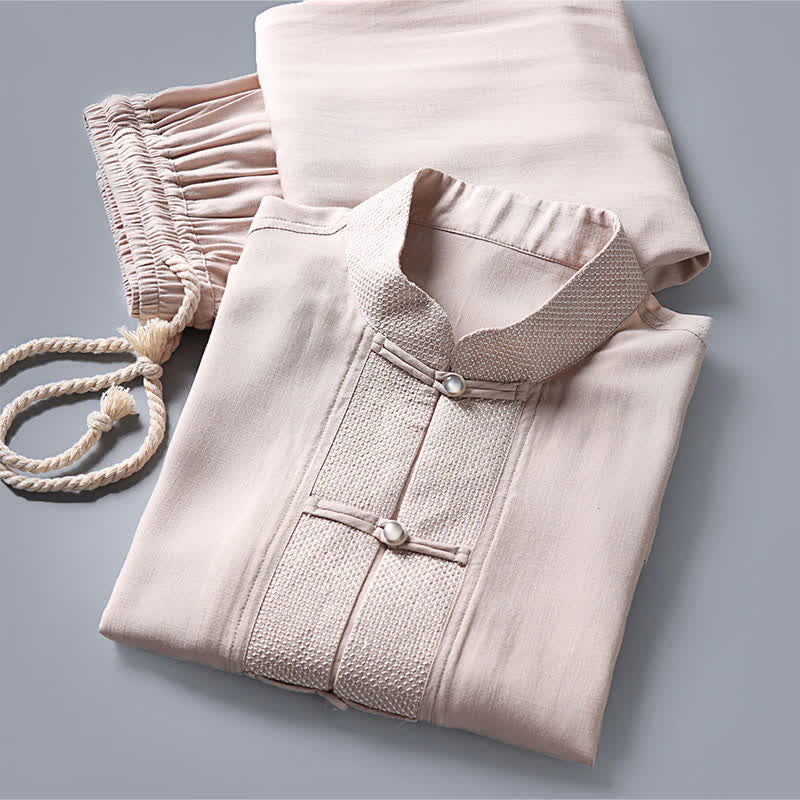 Nimara Ritual 2Pcs Spring Tang Style Mandarin Collar Frog Button Solid Long Sleeve Shirt Pants Men's Meditation Cloth With Pockets