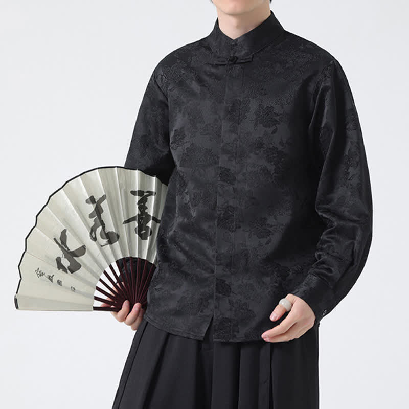 Nimara Ritual Fall Elegant Tang Style Mandarin Collar Floral Men's Long Sleeve Shirts