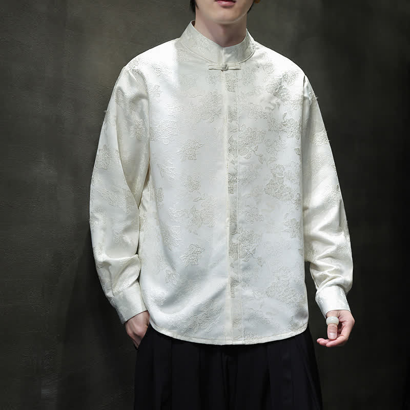 Nimara Ritual Fall Elegant Tang Style Mandarin Collar Floral Men's Long Sleeve Shirts