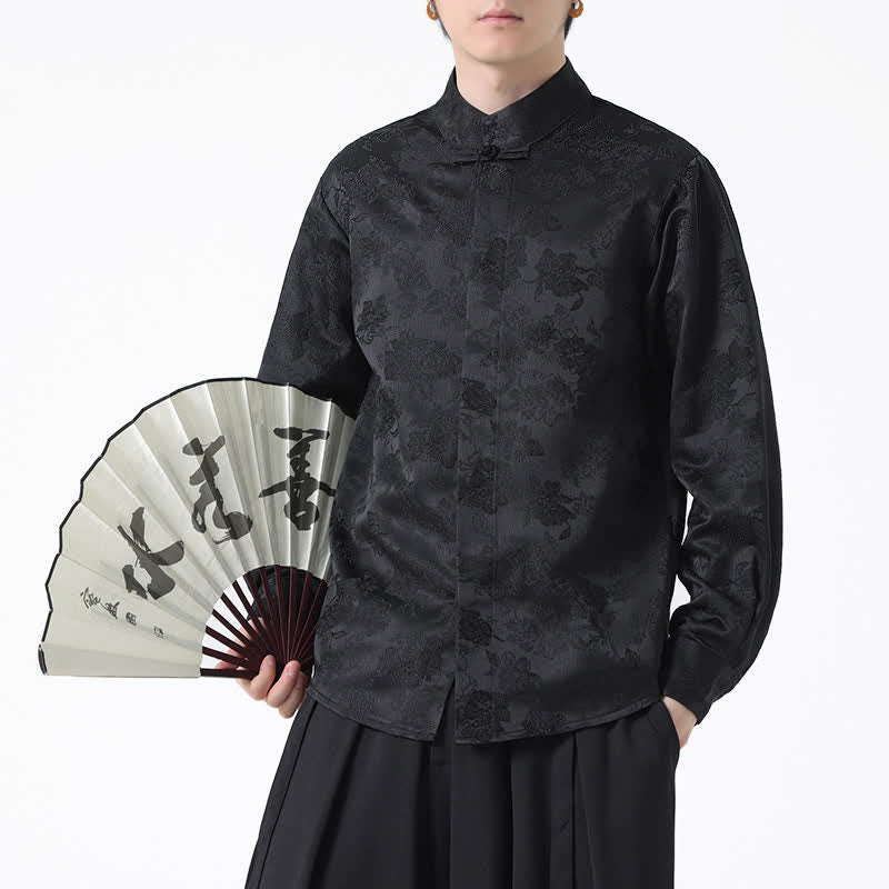 Nimara Ritual Fall Elegant Tang Style Mandarin Collar Floral Men's Long Sleeve Shirts