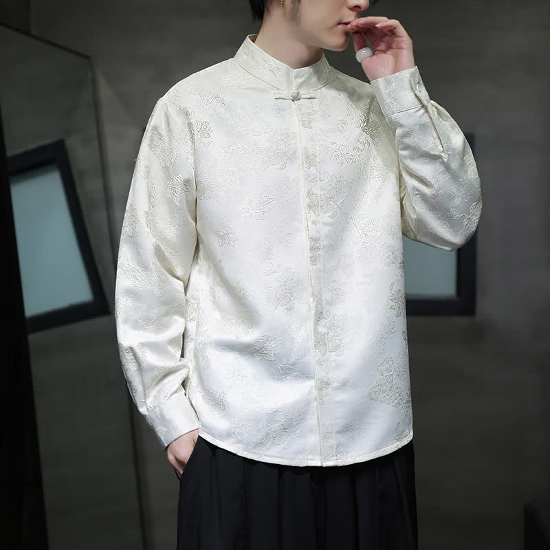 Nimara Ritual Fall Elegant Tang Style Mandarin Collar Floral Men's Long Sleeve Shirts