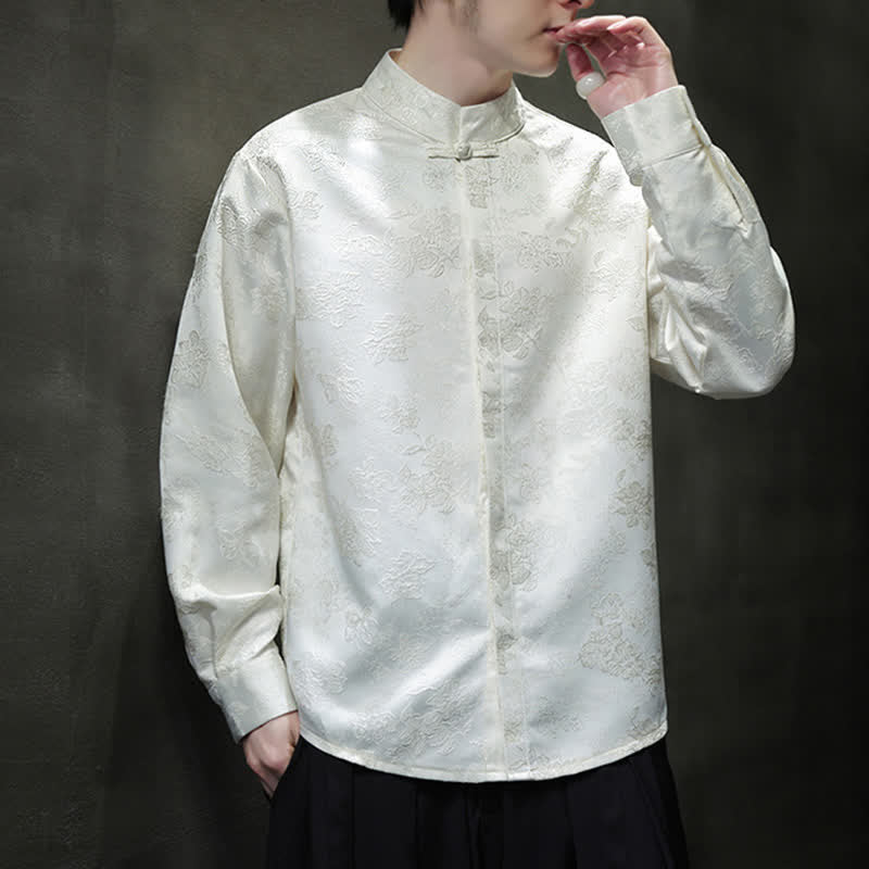 Nimara Ritual Fall Elegant Tang Style Mandarin Collar Floral Men's Long Sleeve Shirts