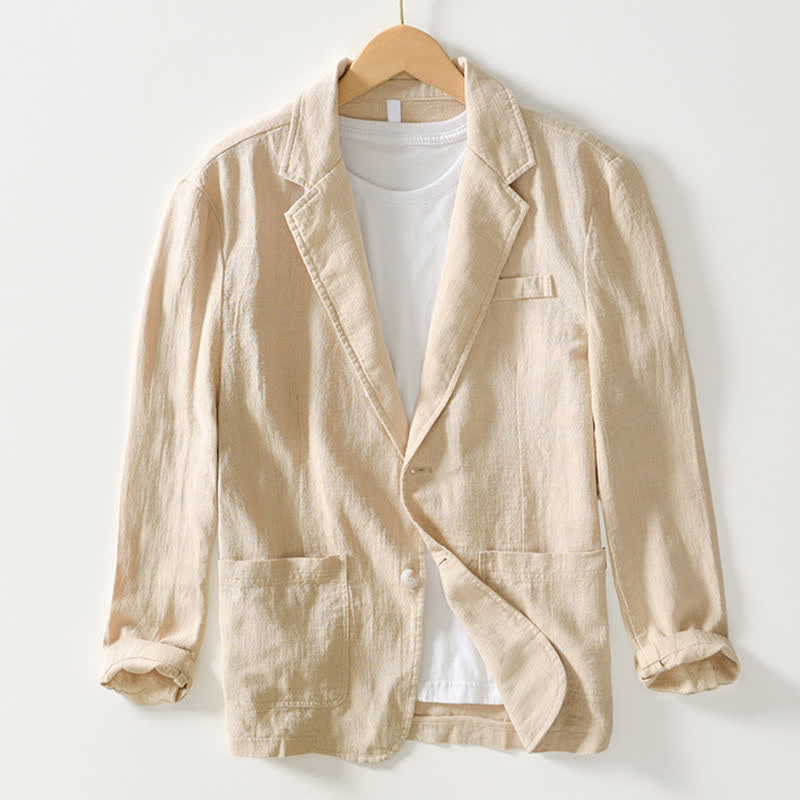 Nimara Ritual Spring Fall Casual Minimalist Ramie Cotton Lapel Solid Men's Jacket With Pockets