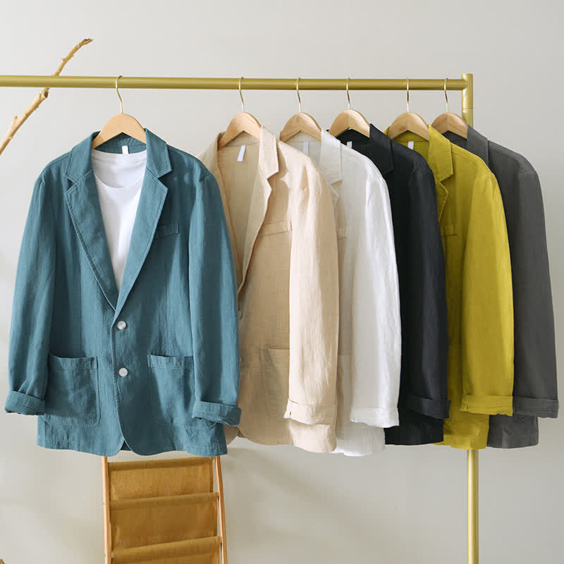 Nimara Ritual Spring Fall Casual Minimalist Ramie Cotton Lapel Solid Men's Jacket With Pockets