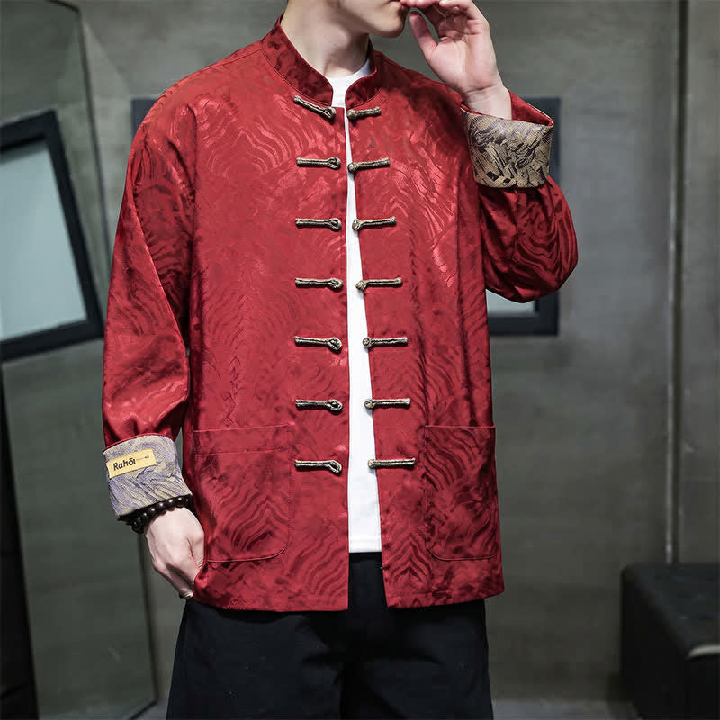 Nimara Ritual Fall Winter Tang Style Elegant Mandarin Collar Abstract Wave Pattern Frog Button Men's Jacket With Pockets