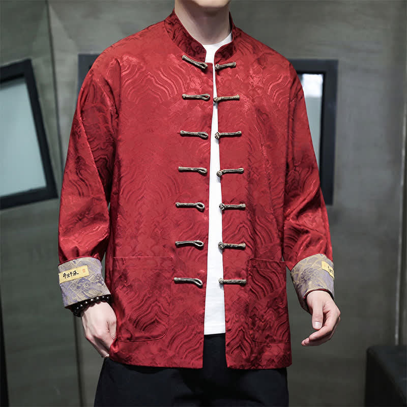 Nimara Ritual Fall Winter Tang Style Elegant Mandarin Collar Abstract Wave Pattern Frog Button Men's Jacket With Pockets