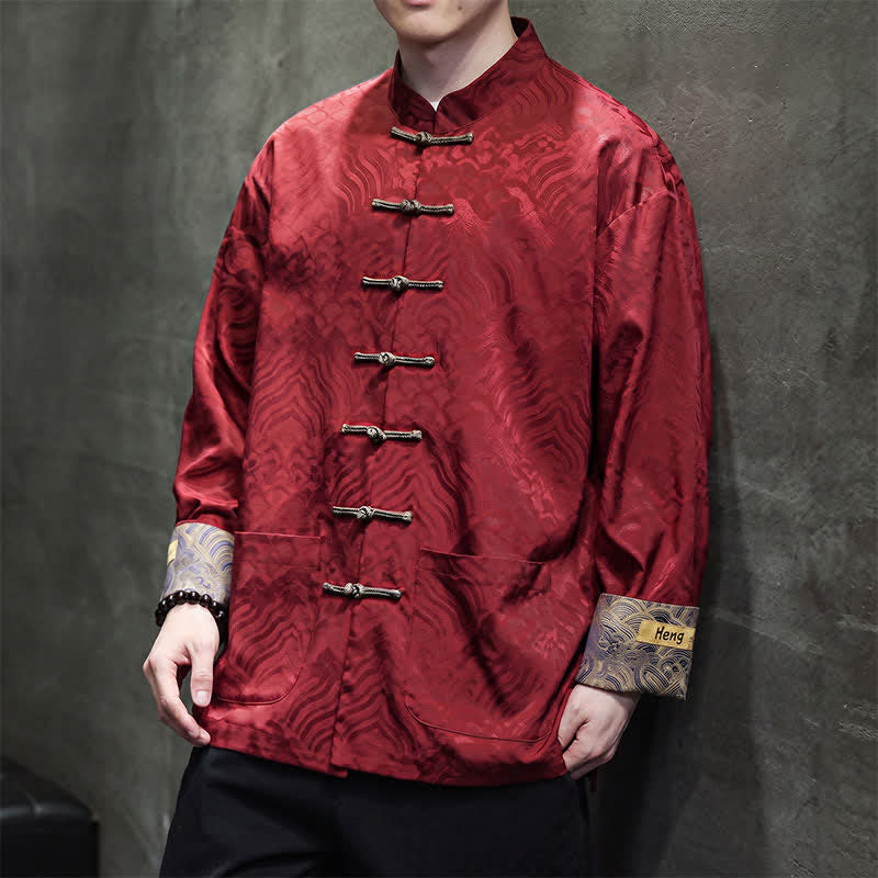 Nimara Ritual Fall Winter Tang Style Elegant Mandarin Collar Abstract Wave Pattern Frog Button Men's Jacket With Pockets