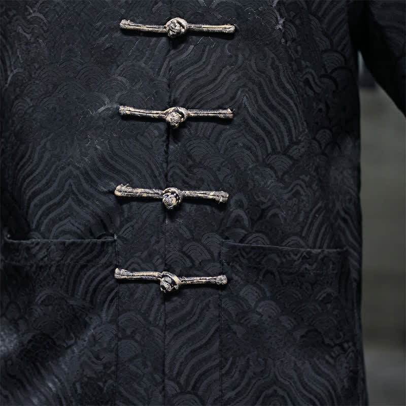Nimara Ritual Fall Winter Tang Style Elegant Mandarin Collar Abstract Wave Pattern Frog Button Men's Jacket With Pockets