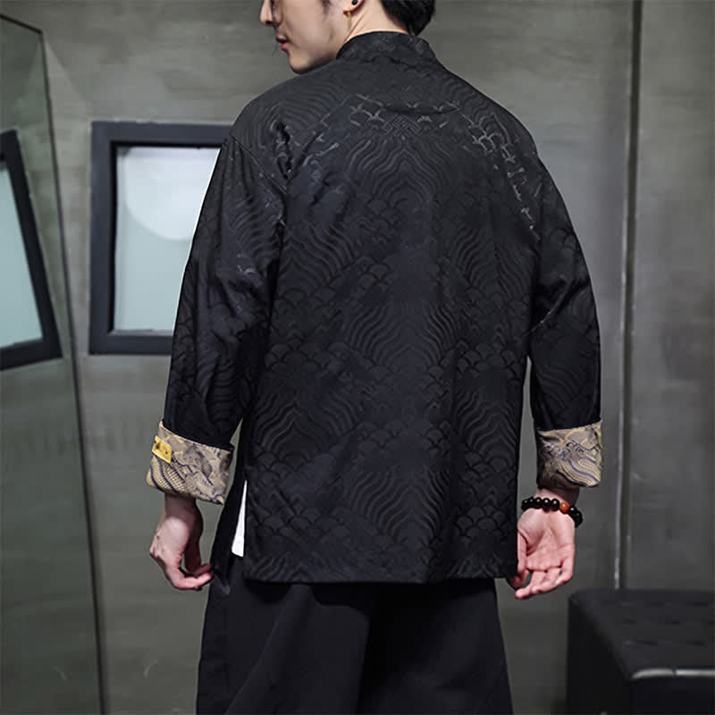Nimara Ritual Fall Winter Tang Style Elegant Mandarin Collar Abstract Wave Pattern Frog Button Men's Jacket With Pockets