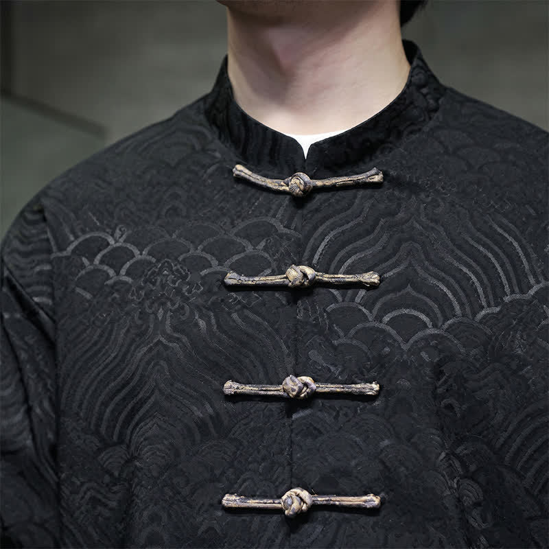 Nimara Ritual Fall Winter Tang Style Elegant Mandarin Collar Abstract Wave Pattern Frog Button Men's Jacket With Pockets