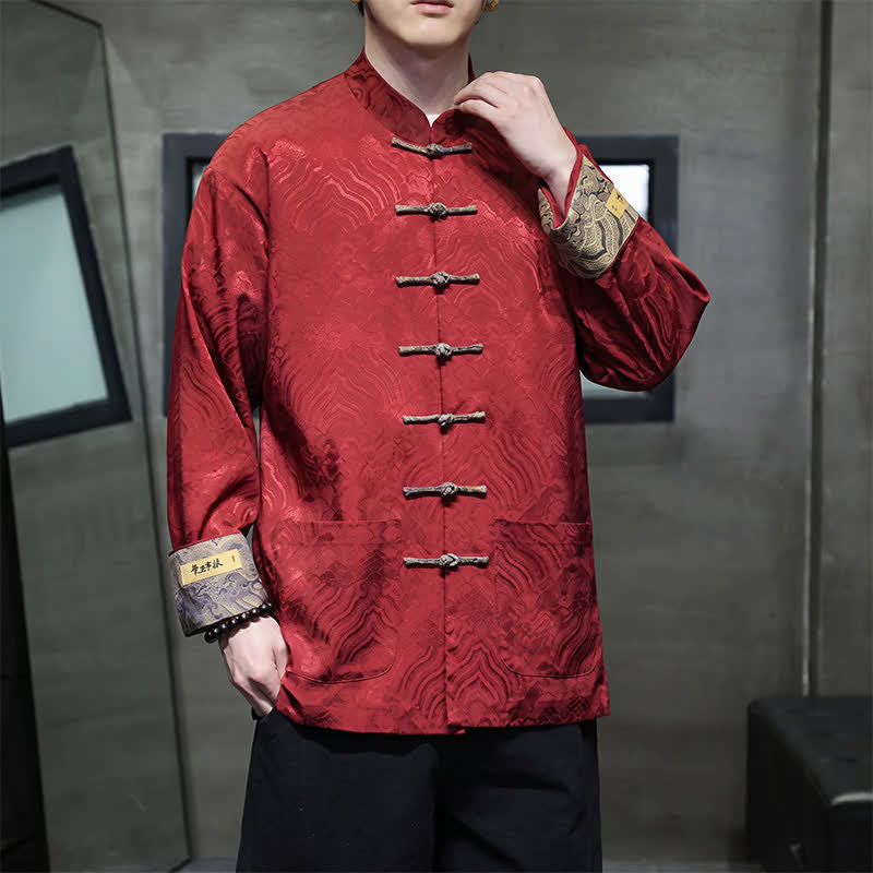 Nimara Ritual Fall Winter Tang Style Elegant Mandarin Collar Abstract Wave Pattern Frog Button Men's Jacket With Pockets