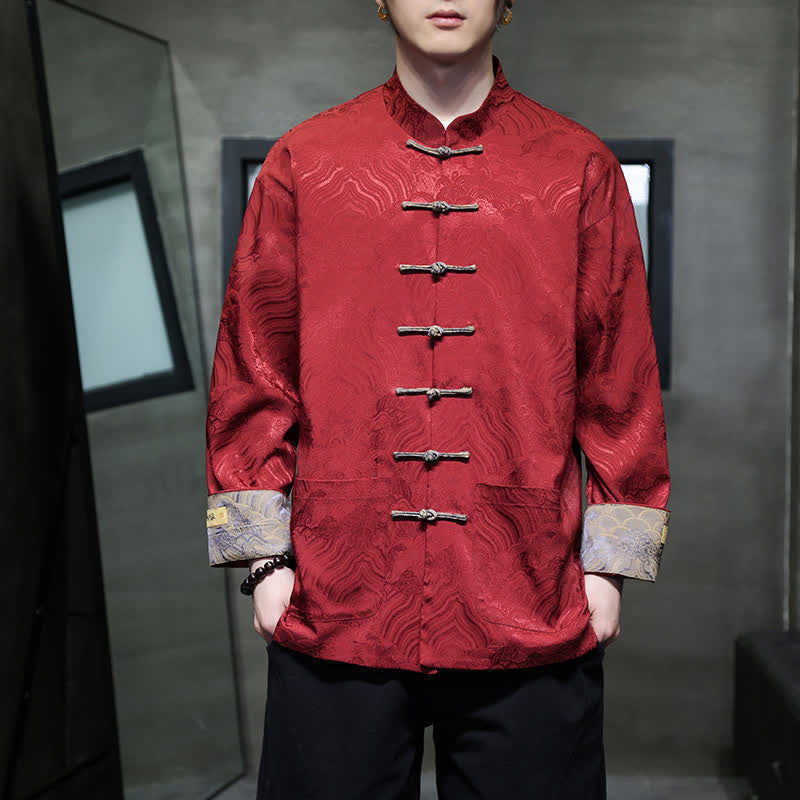 Nimara Ritual Fall Winter Tang Style Elegant Mandarin Collar Abstract Wave Pattern Frog Button Men's Jacket With Pockets